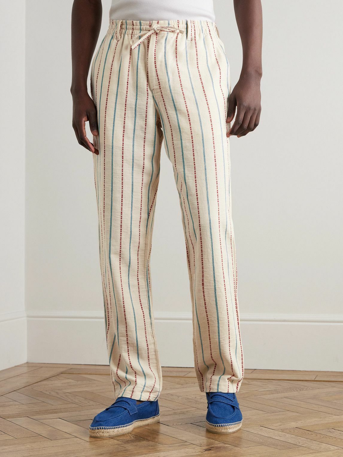 Kardo - Striped Straight-Leg Cotton-Canvas Drawstring Trousers - Green