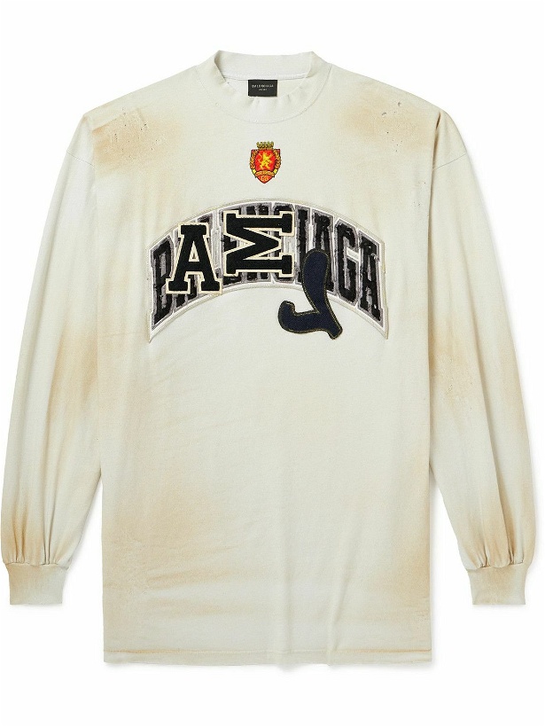 Photo: Balenciaga - Oversized Logo-Appliquéd Distressed Cotton-Jersey T-Shirt - White