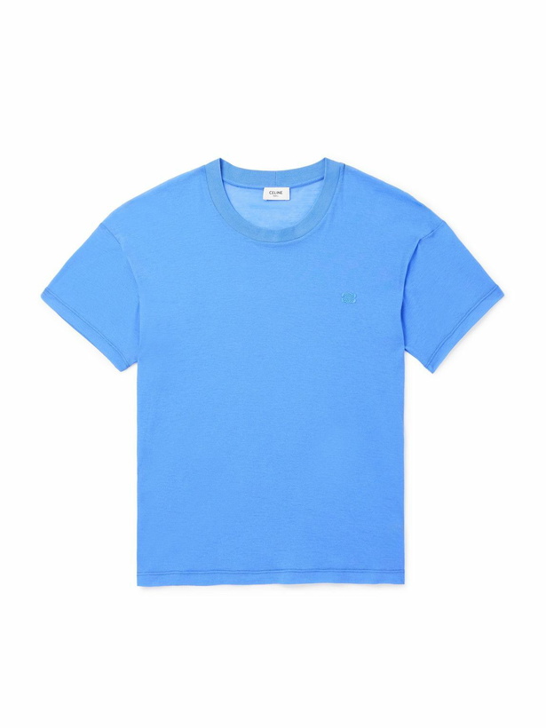 Photo: CELINE - Slim-Fit Logo-Embroidered Cotton-Jersey T-Shirt - Blue