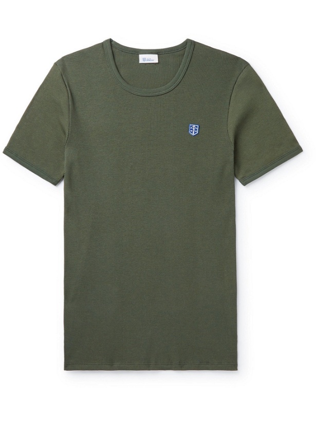 Photo: SCHIESSER - Friedrich Slim-Fit Logo-Appliquéd Ribbed Cotton-Jersey T-Shirt - Green