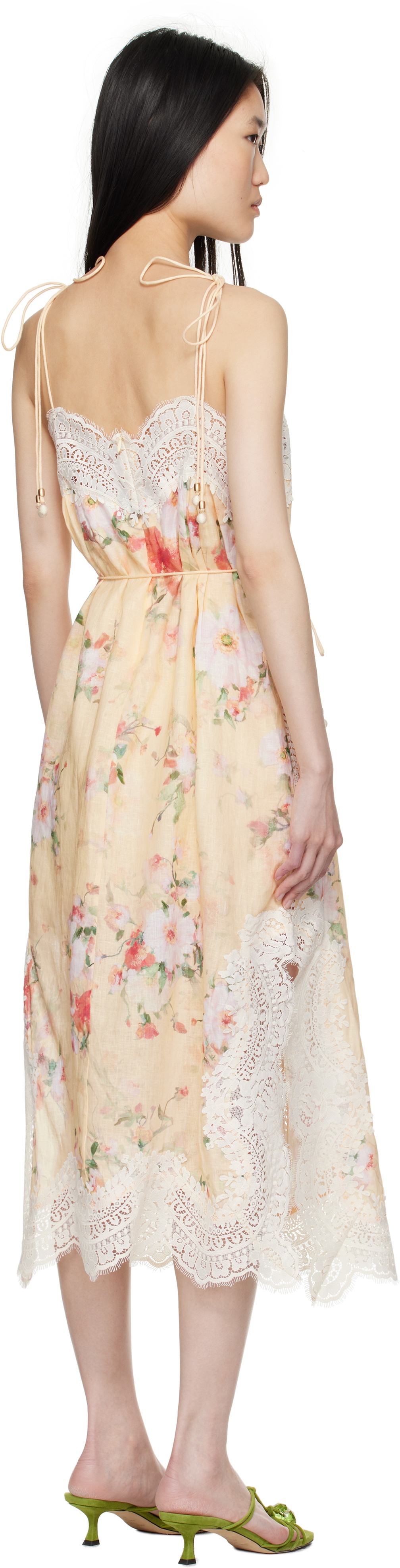 【Zimmermann】Everley belted lace-trimmed linen midi dress ZIMMERMANN Everley belted lace-trimmed floral-print linen