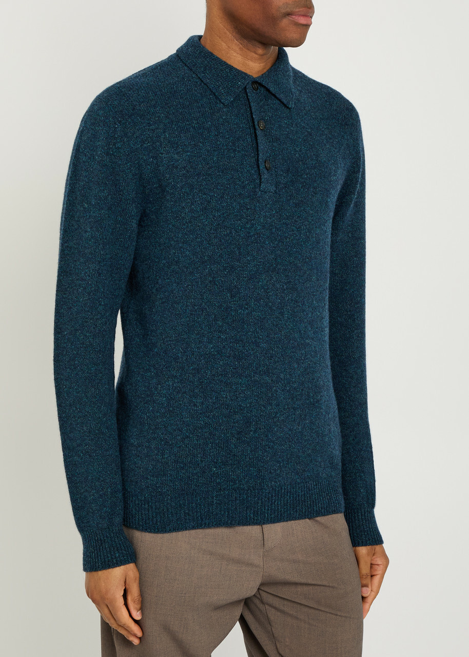 Sunspel Melangé Wool Polo Jumper Navy