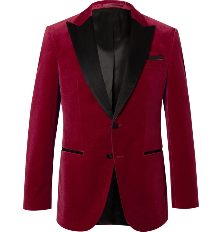 Photo: HUGO BOSS - Helward Silk Satin-Trimmed Cotton-Velvet Tuxedo Jacket - Burgundy