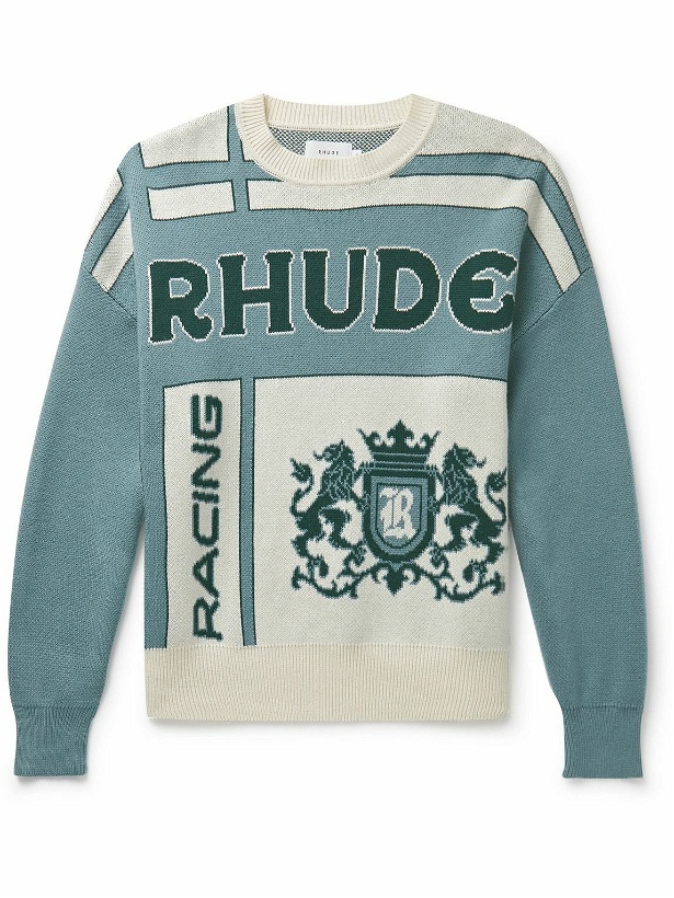 Photo: Rhude - Palm Jacquard-Knit Pima Cotton and Cashmere-Blend Sweater - Blue