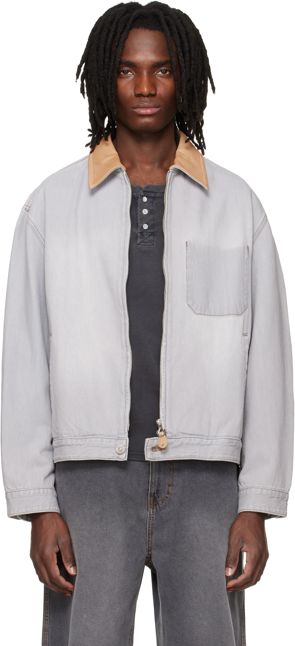 Solid Homme Gray Leather Collared Denim Trucker Jacket