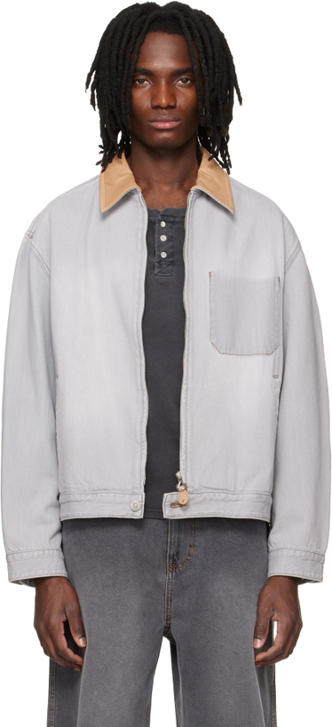 Photo: Solid Homme Gray Leather Collared Denim Trucker Jacket
