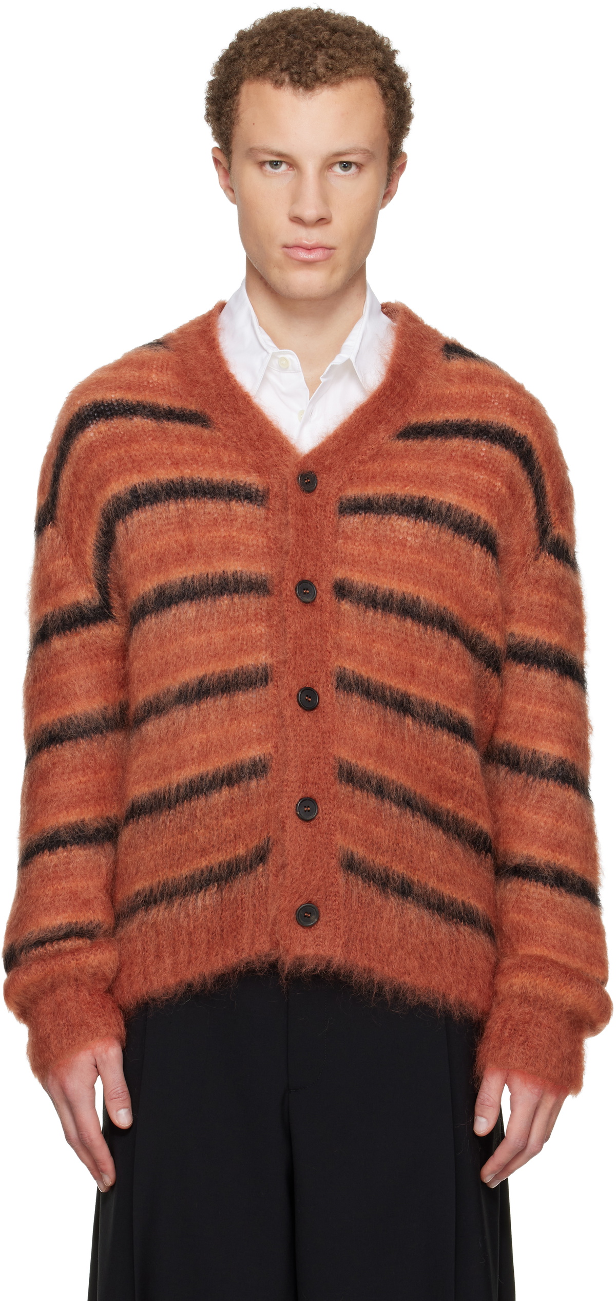 Marni Red & Black Fuzzy Wuzzy Stripe V-Neck Cardigan
