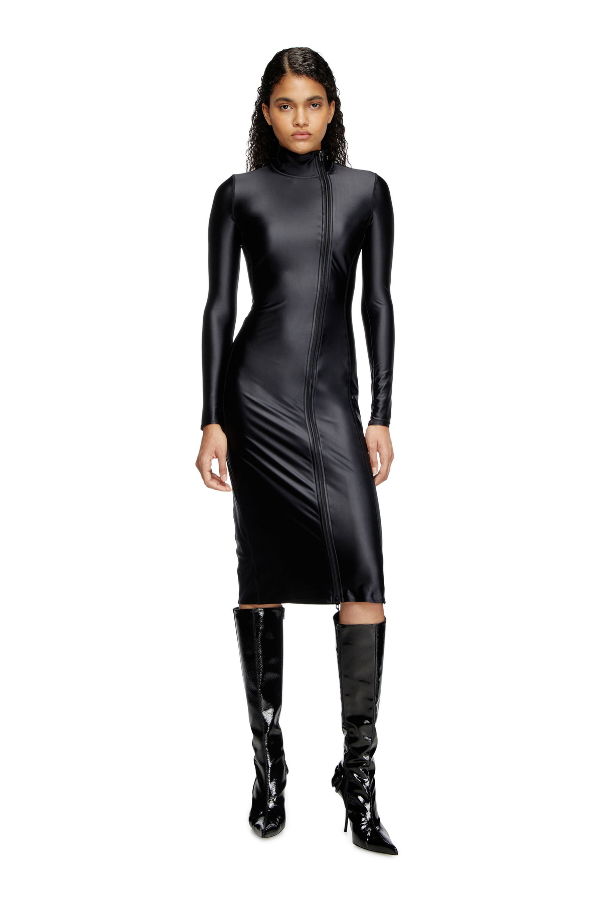 chinese dress ladies Ruched Printed Mock Neck Long Sleeve Midi Dress Black Forest / XL main image 0