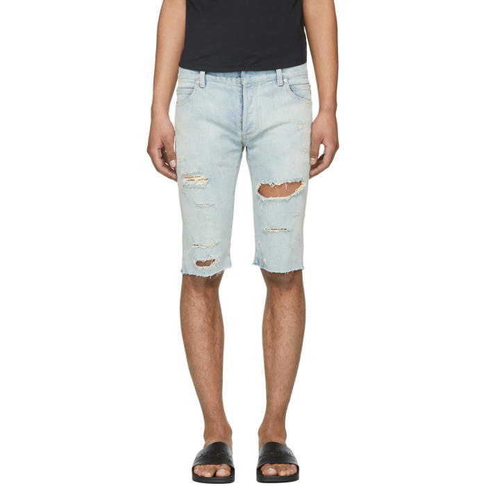 Photo: Balmain Blue Distressed Denim Shorts