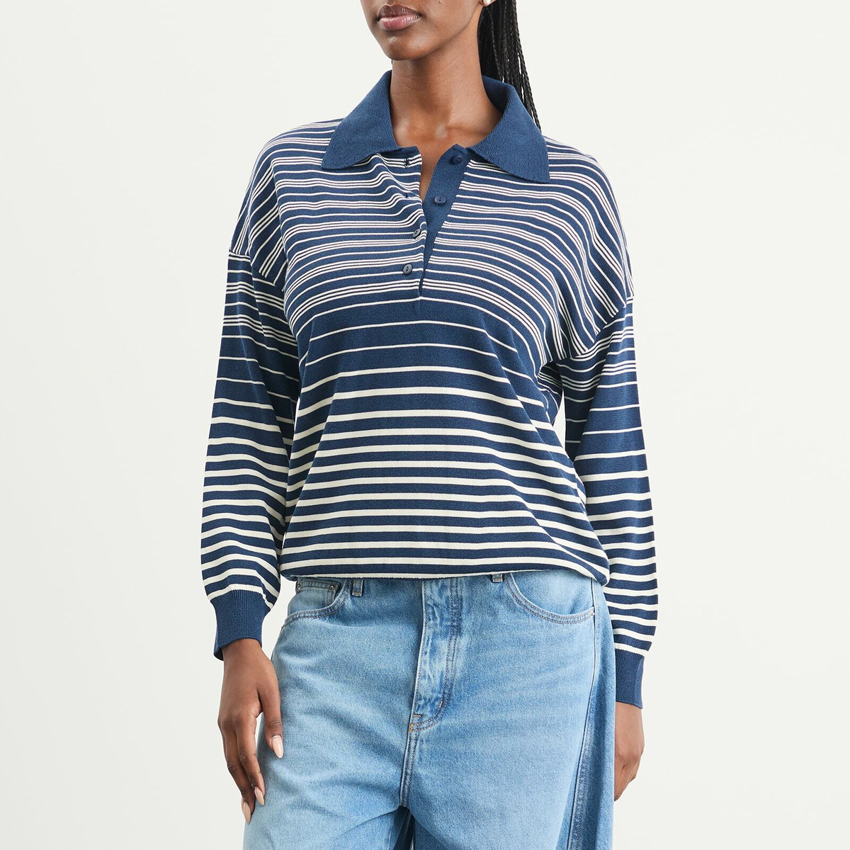 Faithfull The Brand Women's Harlow Oversized Polo Top in Scandi Stripe Navy Cream