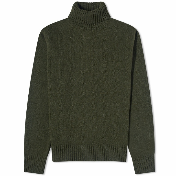 Photo: Universal Works Men's Eco Wool Roll Neck Knit in Olive