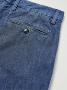 Valentino Garavani - Wide-Leg Pleated Embroidered Denim Shorts - Blue