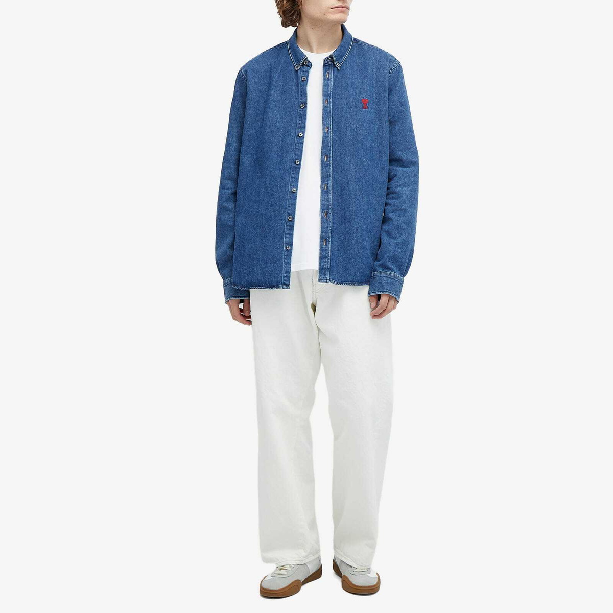 AMI Paris Men's Small A Heart Denim Shirt in Blue AMI