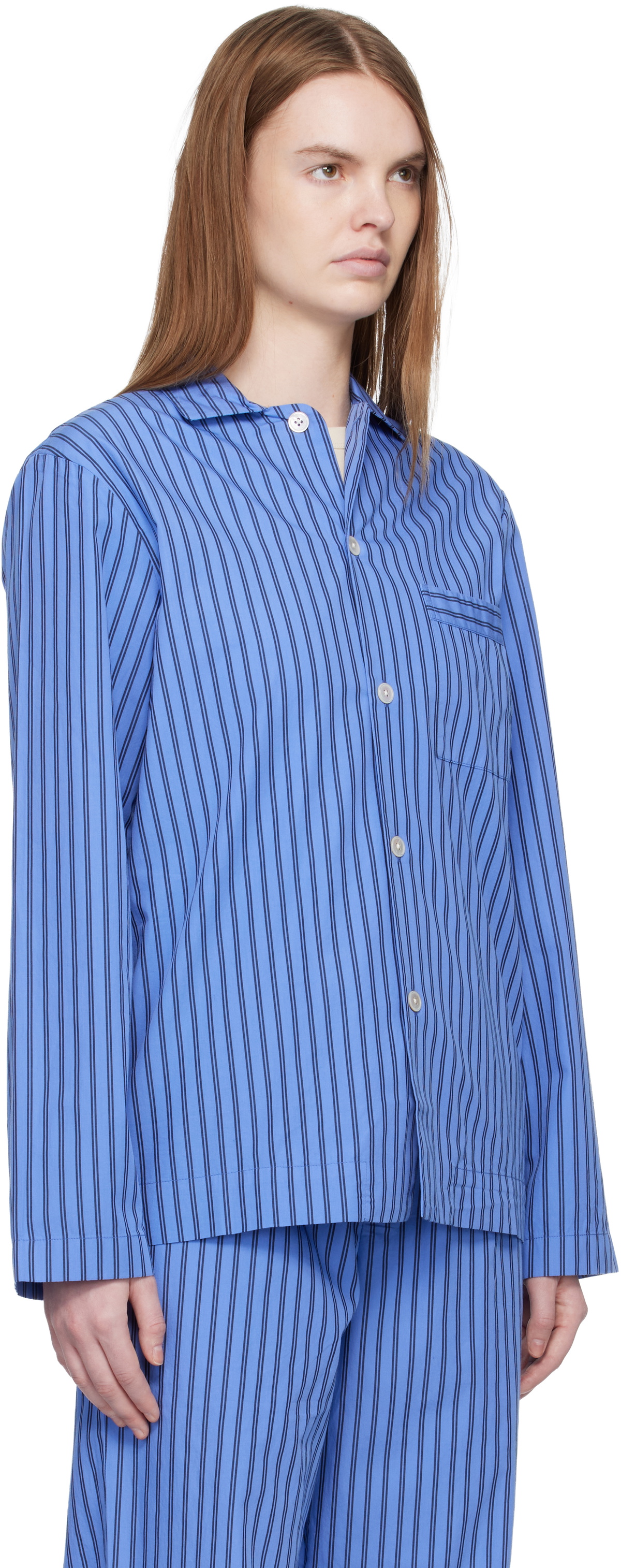 Tekla Blue Poplin Long-Sleeved Pyjama Shirt