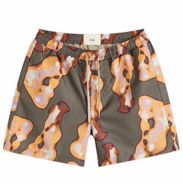 Photo: Folk Men's Shadow Print Swim Shorts in Orange/Sage Shadow Print