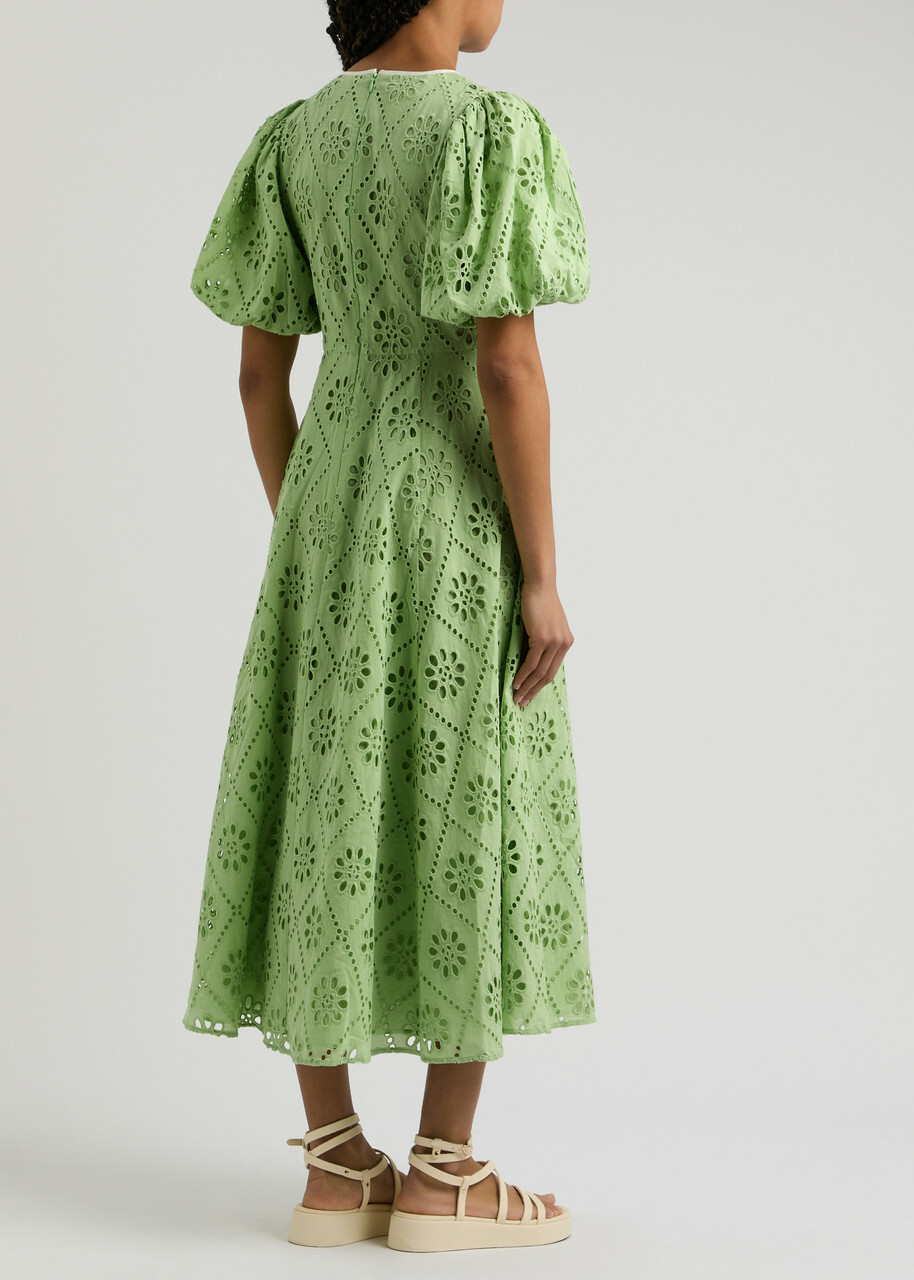 Kitri Chiara Broderie Anglaise Cotton Midi Dress Light Green