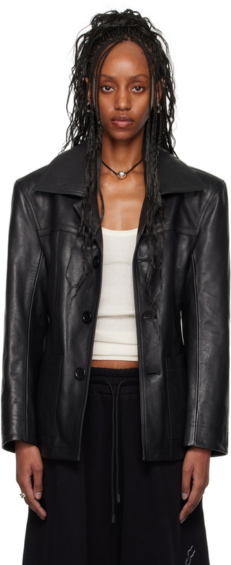 Photo: LU'U DAN Black Slim-Fit Creep Leather Jacket