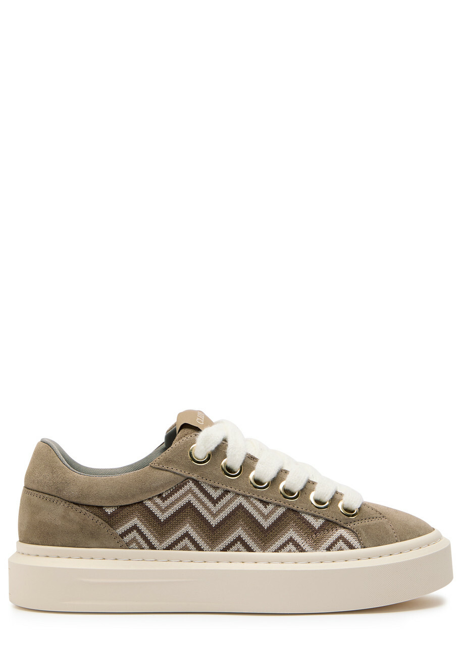 Cleens Ace Chevron-knit Suede Sneakers Beige