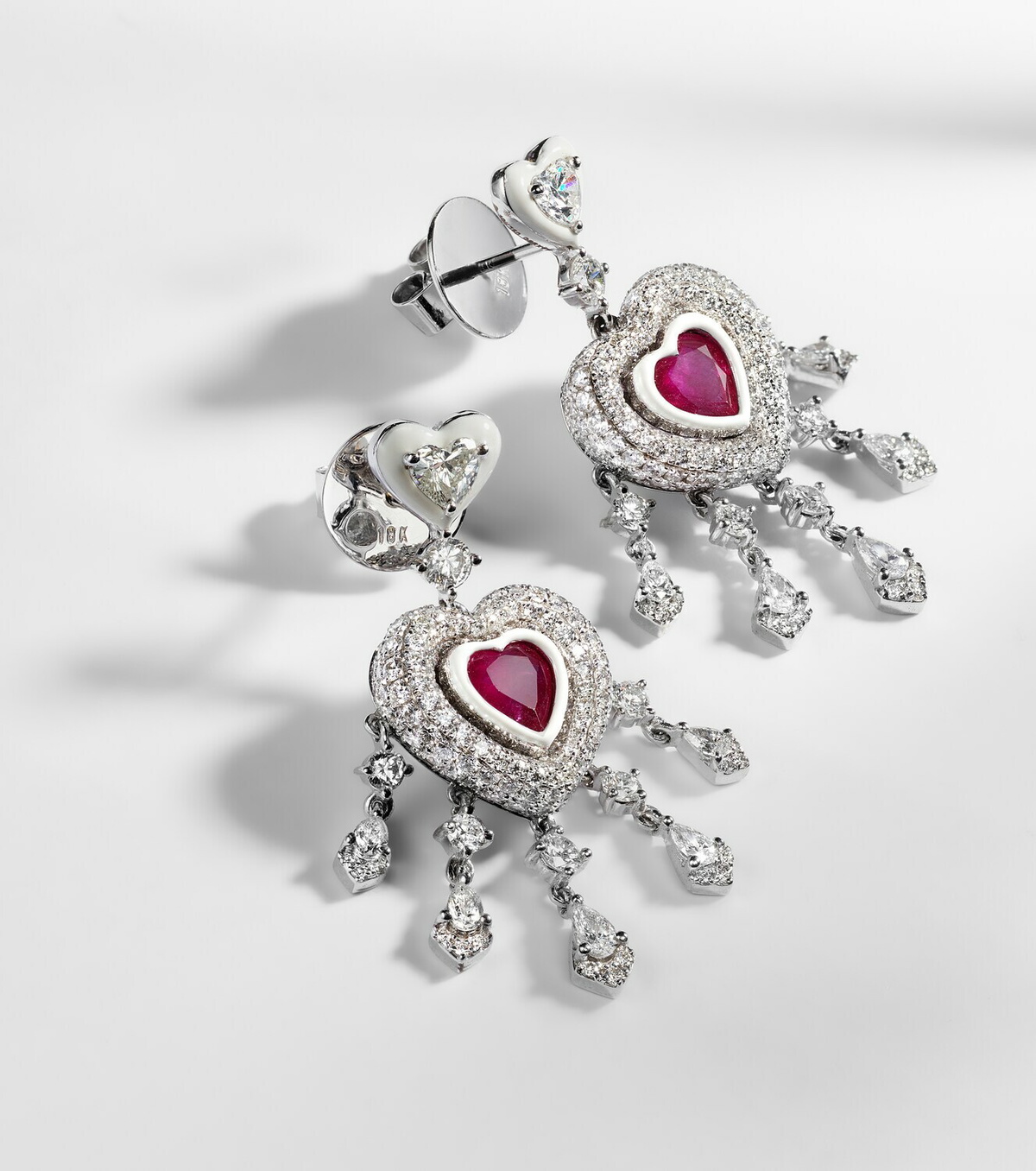 Kamyen Heart 18kt white gold earrings with rubies and diamonds