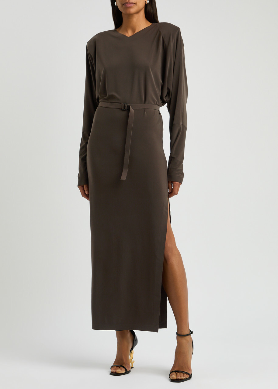 Norma Kamali Belted Stretch-jersey Maxi Dress Dark Brown
