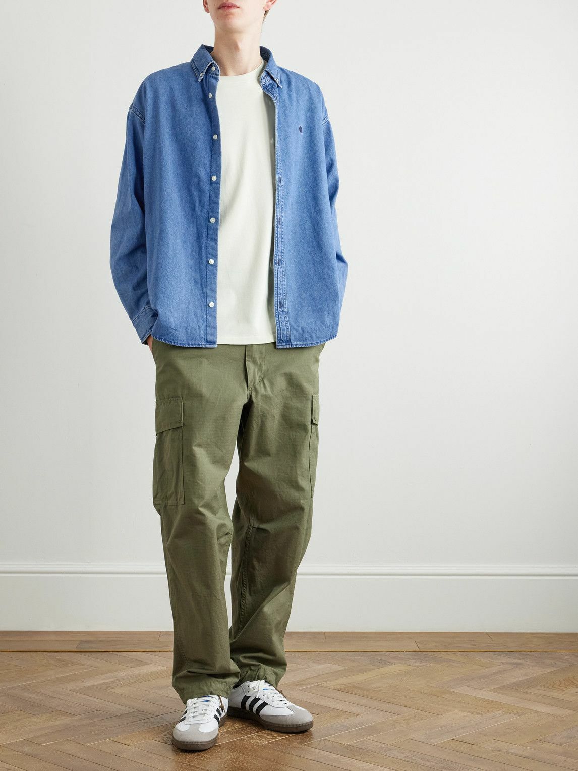Carhartt S/S Lucas Shirt デニムシャツ Carhartt WIP - Lucas Logo-Embroidered Denim Shirt - Blue