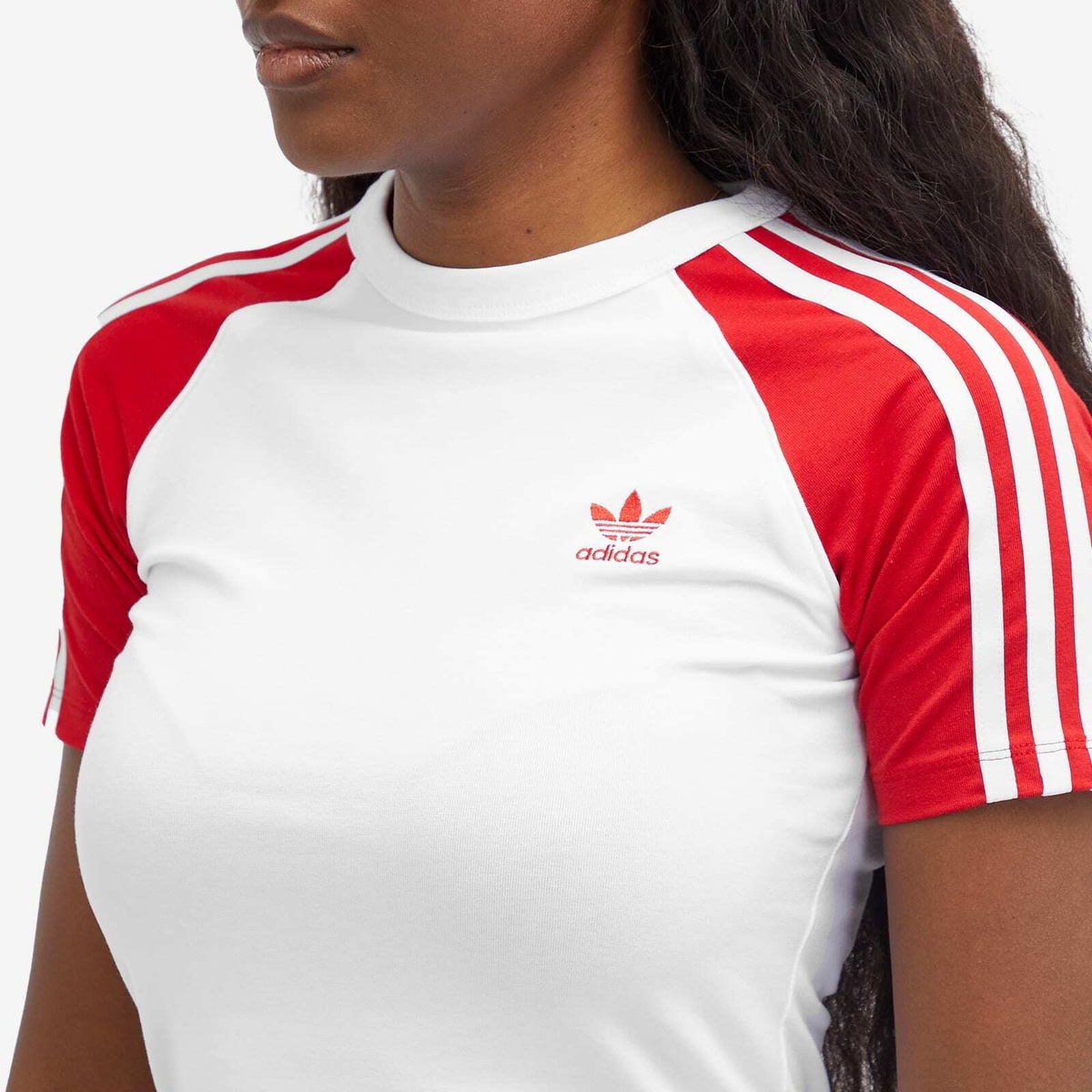 Adidas Women's 3 Stripe Slim T-Shirt in White/Better Scarlet