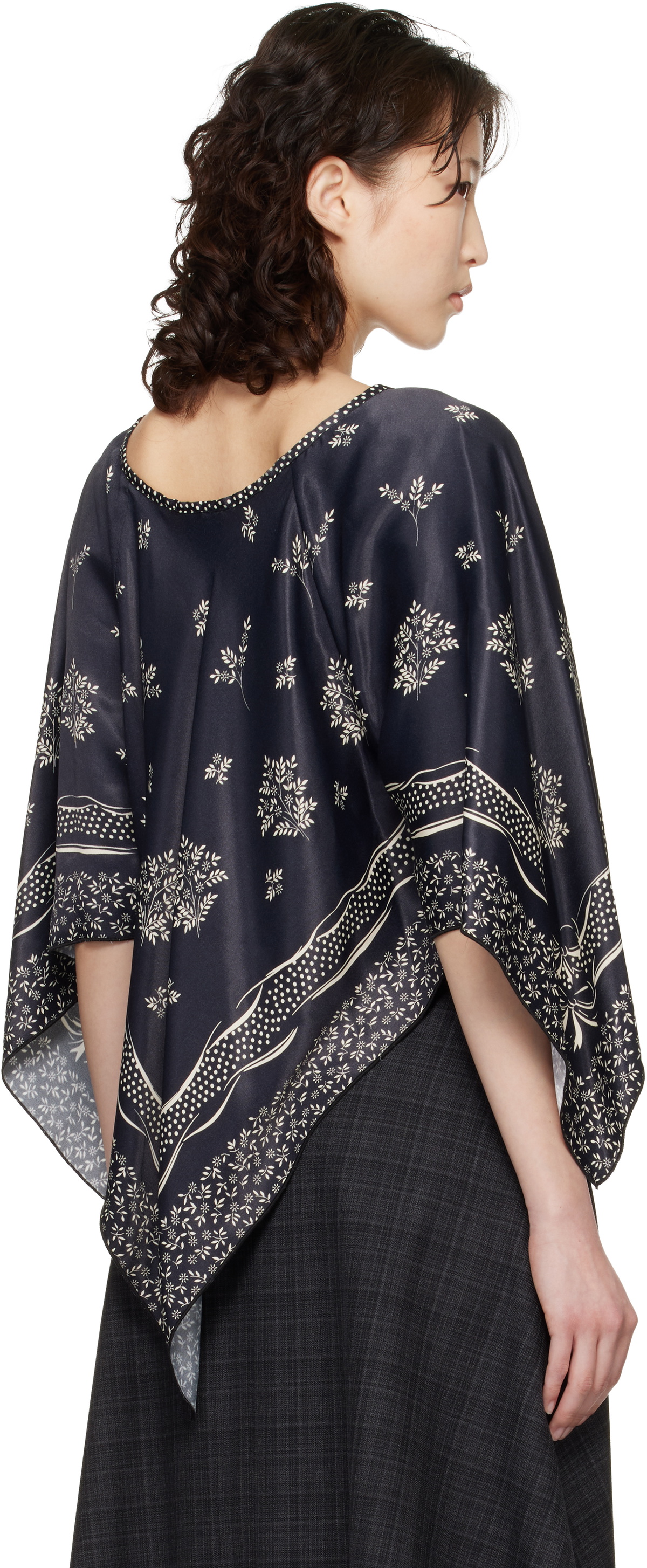 Anna Sui Black Ribbon Handkerchief Satin Print Poncho Blouse