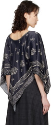 Anna Sui Black Ribbon Handkerchief Satin Print Poncho Blouse