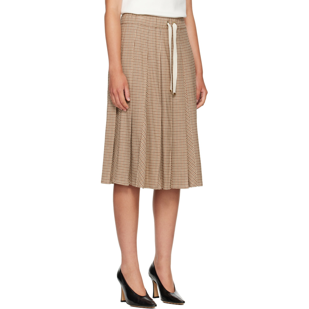 Moncler Beige Viscose & Wool Stretch Microcheck Midi Skirt