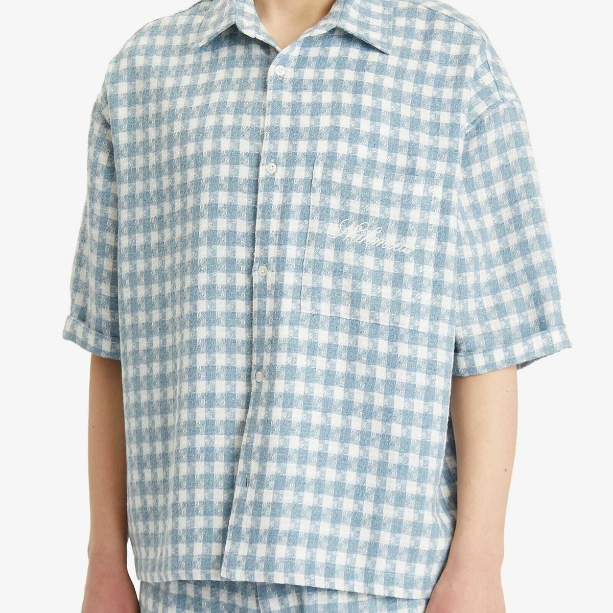 Nahmias Men's Plaid Cropped Short Sleeve Shirt in Steel Blue Plaid