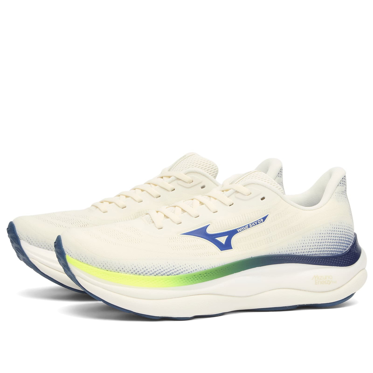 Mizuno Men's Running Wave Sky 9 Sneaker in Snow White/Surf The Web/Lightning Yellow