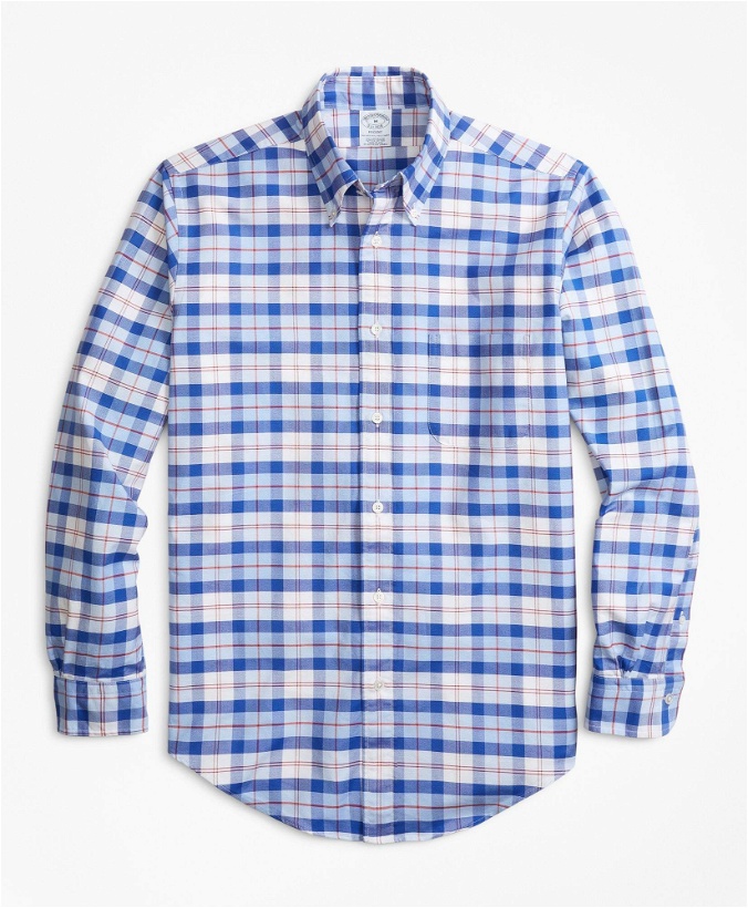 Photo: Brooks Brothers Men's Regent Regular-Fit Sport Shirt, Oxford Blue and Red Plaid | Blue/Red