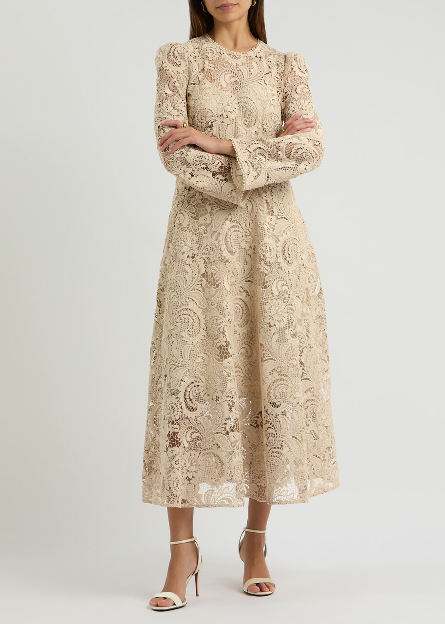 knee length dresses for ladies Cream Tulle Lace Midi Dress – self-portrait-US main image 1