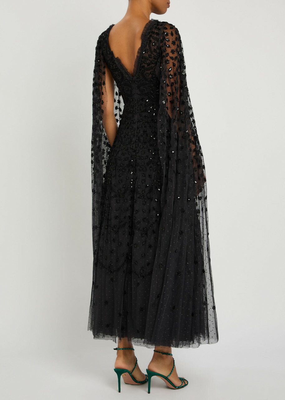 Needle & Thread Clover Cape-effect Tulle Gown Black