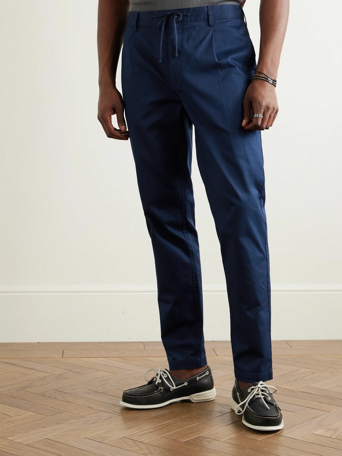 Onia - Slim-Fit Pleated Garment-Dyed Stretch-Cotton Drawstring Trousers - Blue