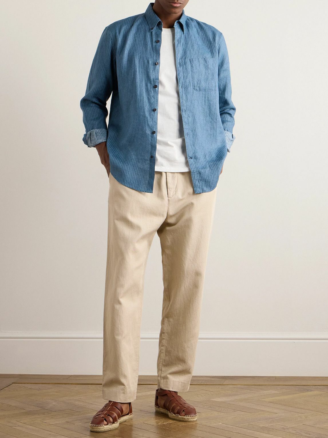 Club Monaco - Slim-Fit Button-Down Collar Striped Linen Shirt - Blue