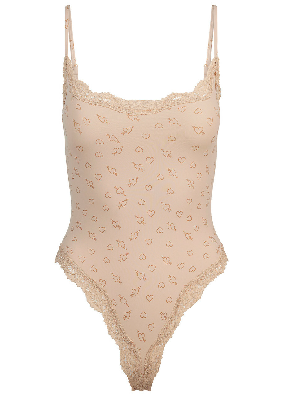 Skims Printed Lace-trim Stretch-jersey Bodysuit Multicoloured