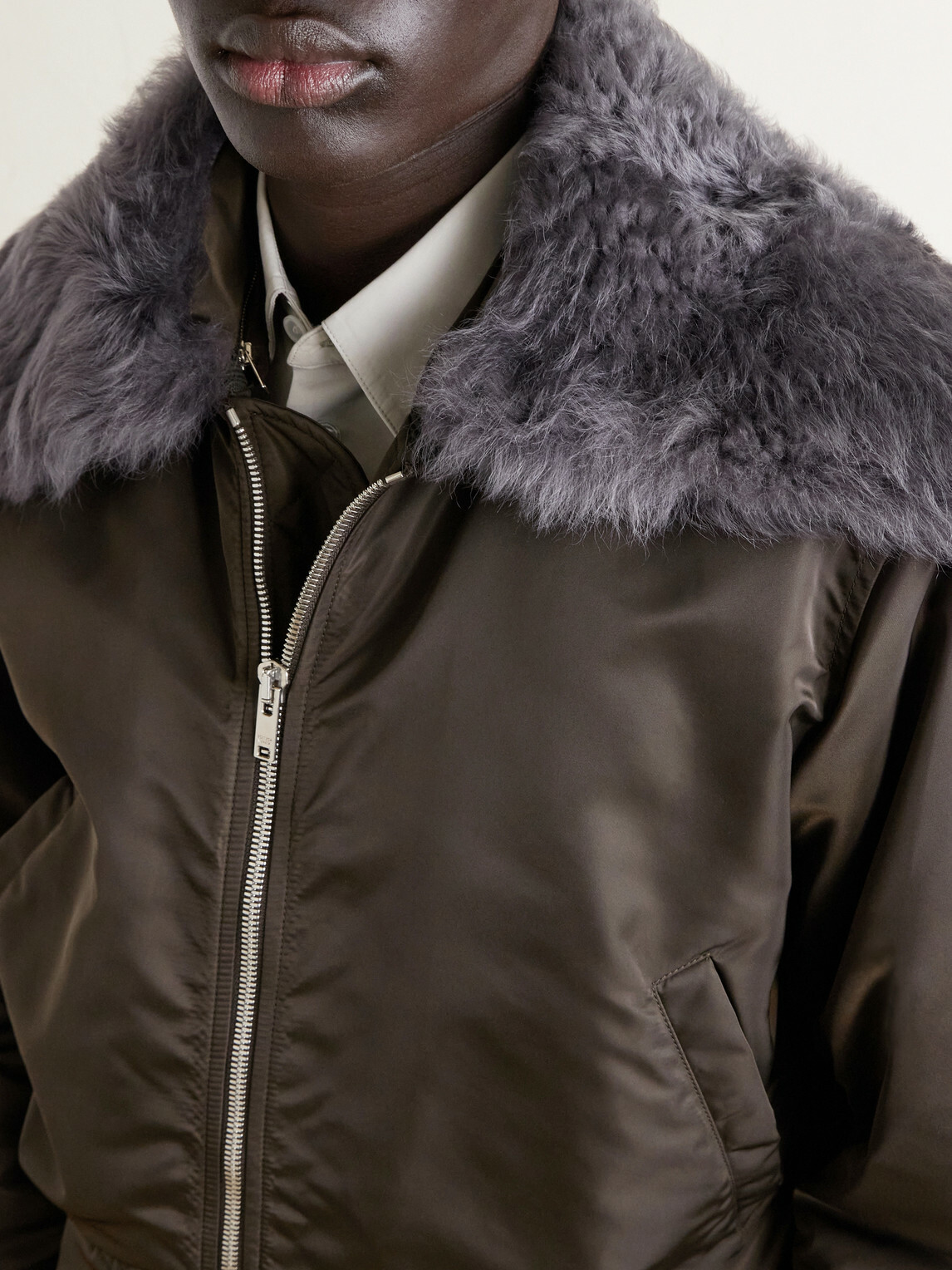 Bottega Veneta - Padded Plush-Trimmed Satin Bomber Jacket - Brown