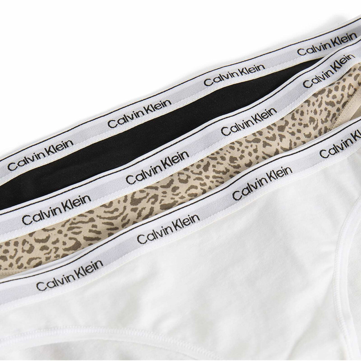 Calvin Klein Women's Icon Bikini Brief - 3 Pack in Black/White/Animal Mirror Oxford Tan