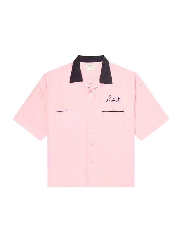 Photo: SAINT MXXXXXX - Deck of Cards Convertible-Collar Logo-Embroidered Satin Shirt - Pink