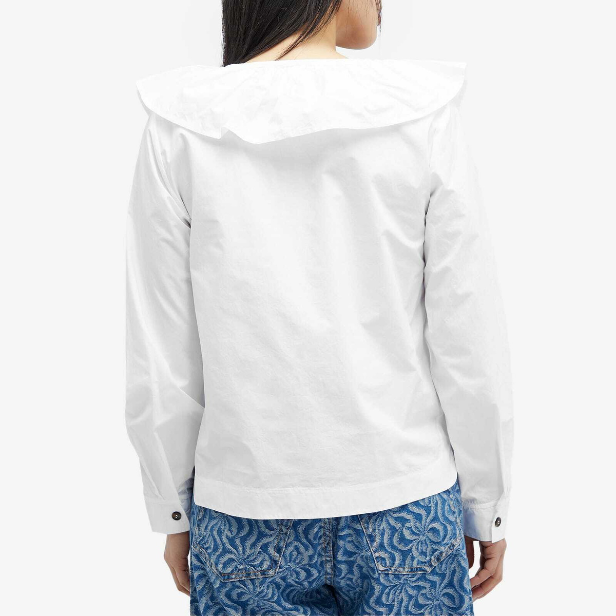 GANNI Women's Cotton Poplin Ruffle V-neck Blouse in Bright White GANNI