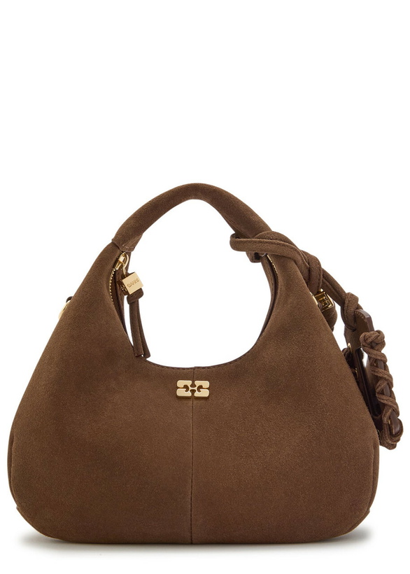 Photo: Ganni Hobo Mini Logo Suede top Handle bag - Brown - One Size
