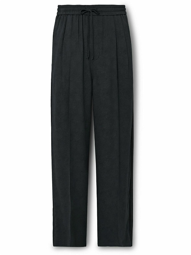Photo: Amomento - Straight-Leg Pleated Striped Peached-Crepe Drawstring Trousers - Black