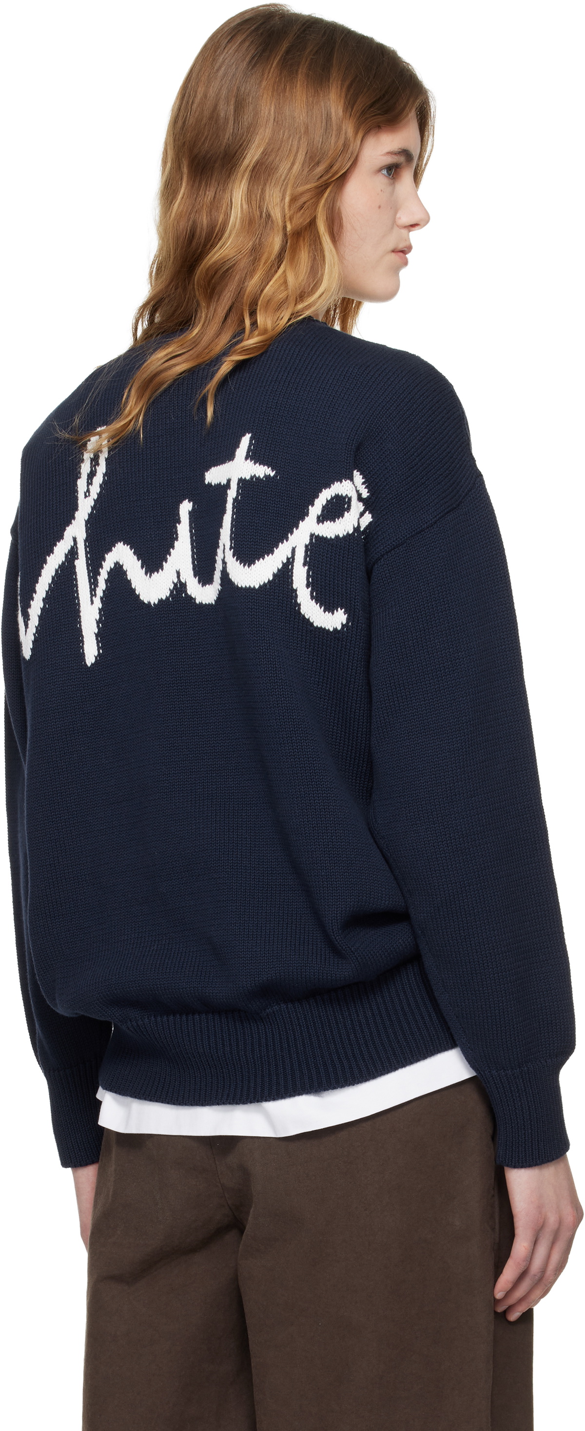 Off-White Navy Bookish Shared Cotton Knit Crewneck Sweater