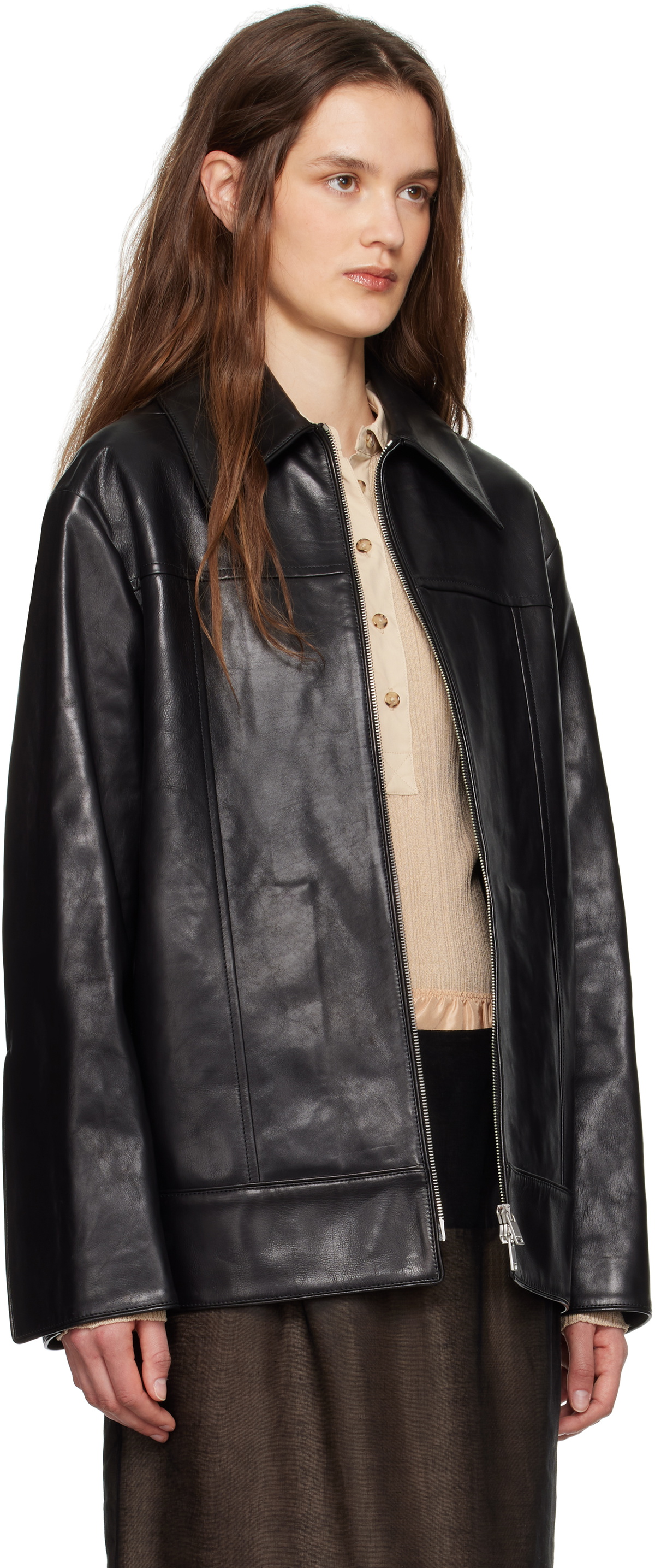 Jil Sander Black Boxy Fit Leather Biker Jacket