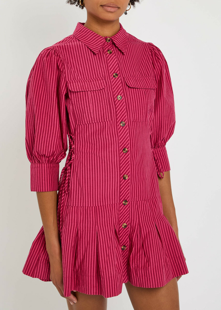 Damson Madder Maisie Striped Cotton Mini Shirt Dress Red