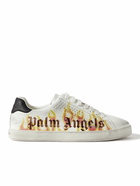 Palm Angels - Distressed Logo-Print Suede-Trimmed Leather Sneakers - White