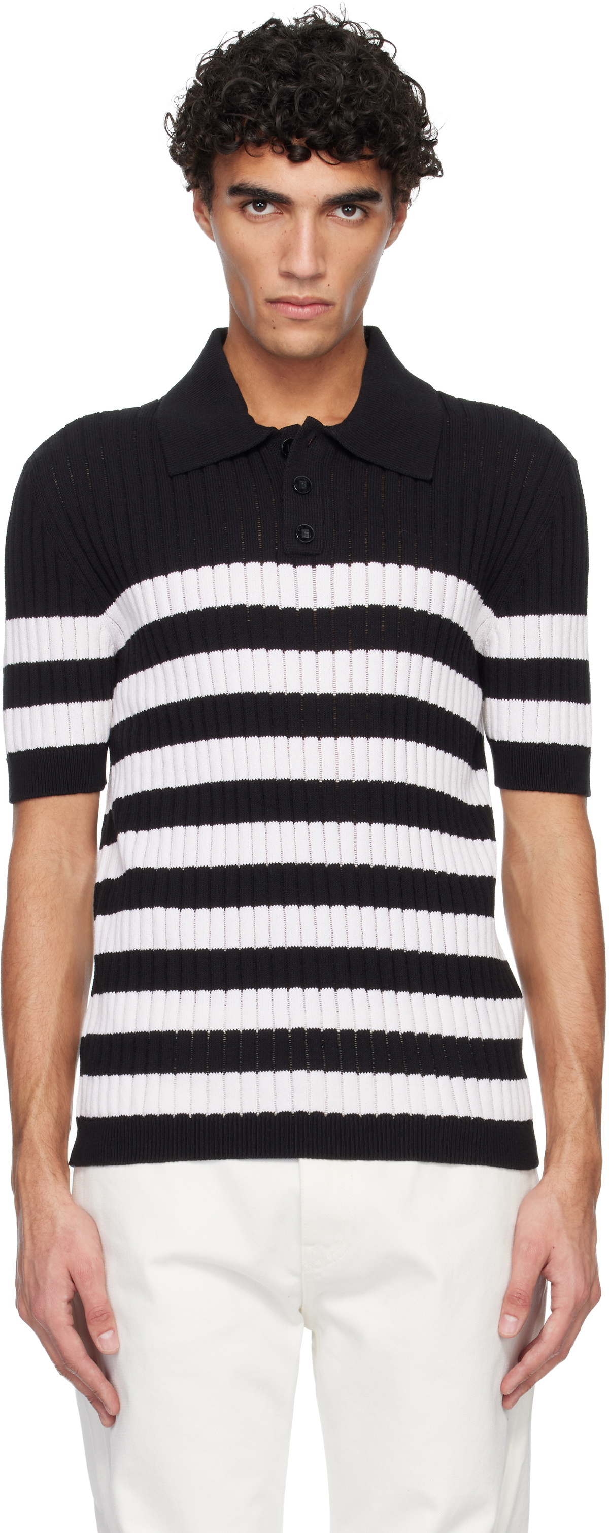 Balmain Black & White Marinière Ribbed Cotton Knit Polo