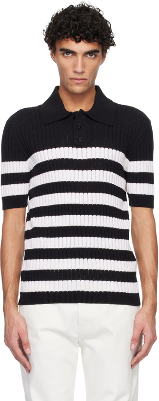 Photo: Balmain Black & White Marinière Ribbed Cotton Knit Polo