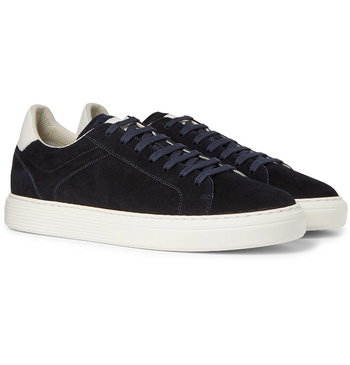 Photo: Brunello Cucinelli - Leather-Trimmed Suede Sneakers - Blue